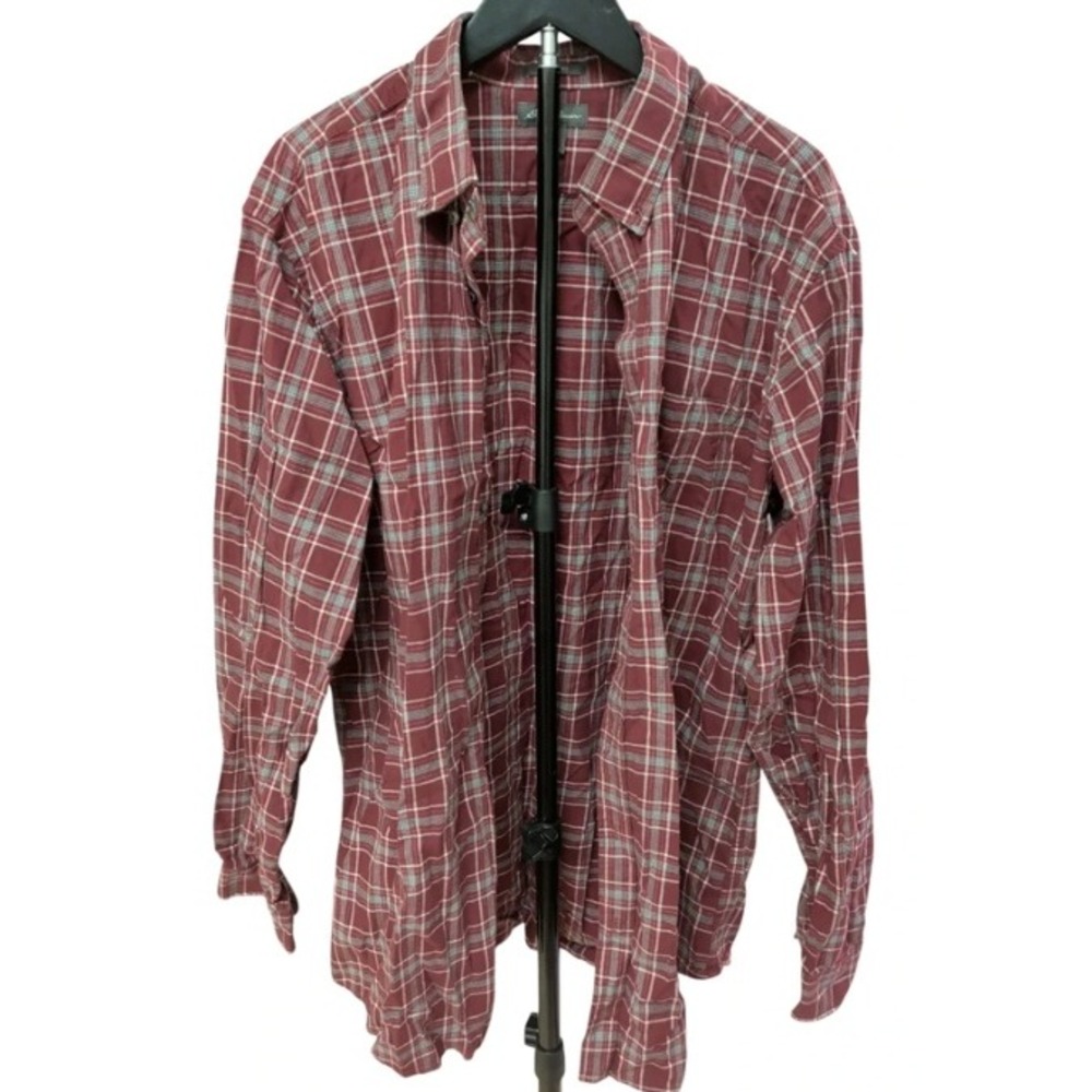 Eddie Bauer Button Down Shirt Mens LT Maroon Plaid Relaxed Fit Long Sleeve